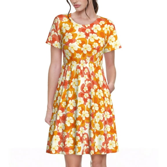 Rateoe Orchids Flowers Pattern Women’s Short Sleeve Dress – Casual Elegant Summer A-Line Dress for Everyday Wear