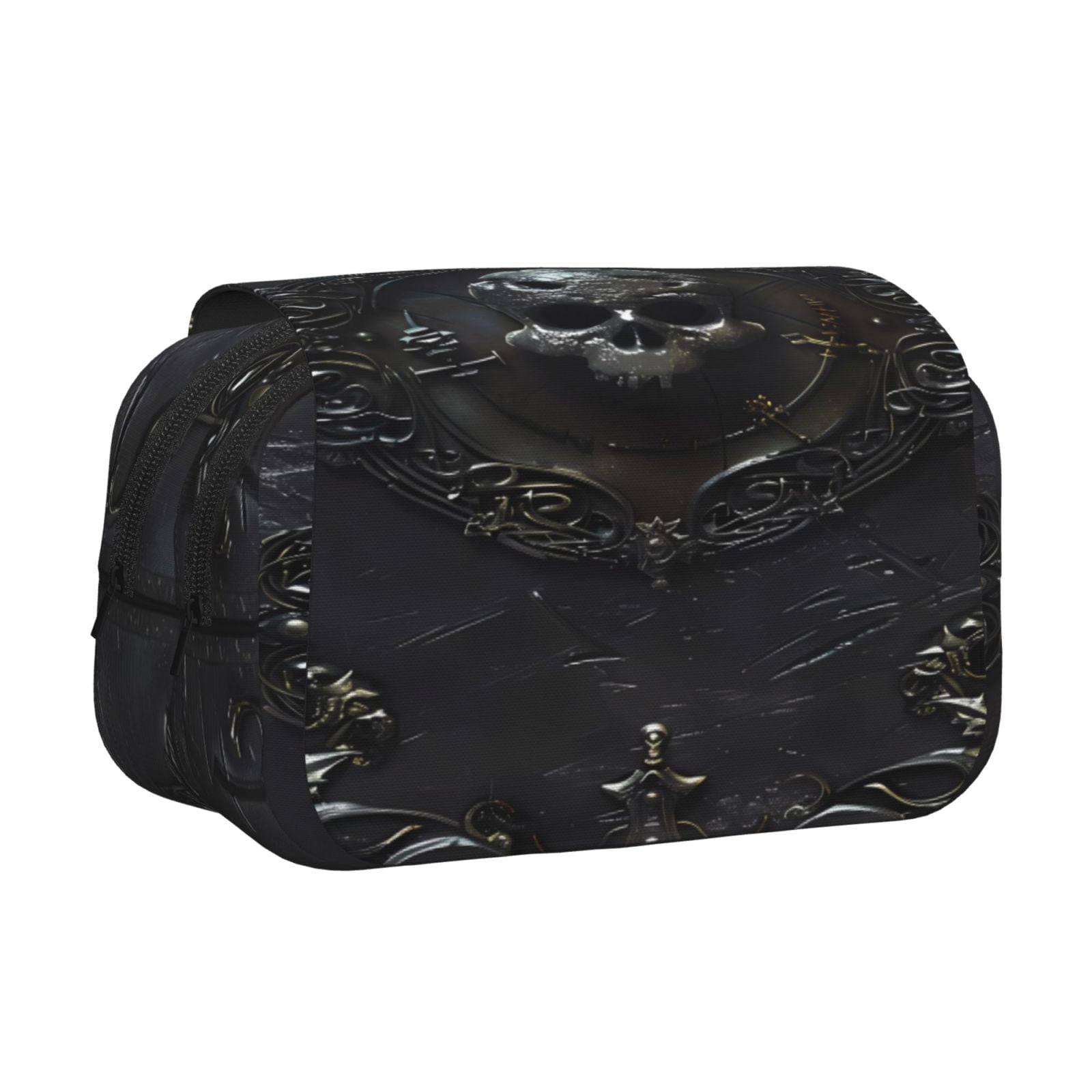 Rateoe Ornate Dark Skull Book Pattern Double Clamshell Pen Case, Storage Organizer with Two Zipper Compartments– Holds Up to 50 Pencils & Pens