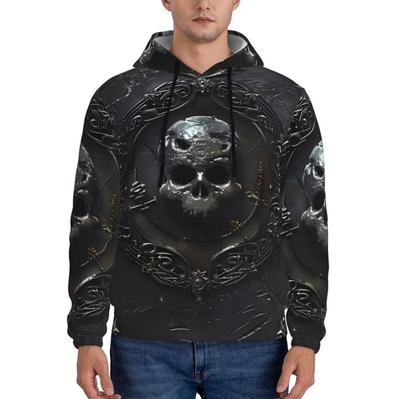 Rateoe Ornate Dark Skull Book Pattern Mens Hoodie, Pullover Hooded Sweatshirt, Kangaroo Pocket Hoodie Ideal for Daily Wear, Travel and Home-Small