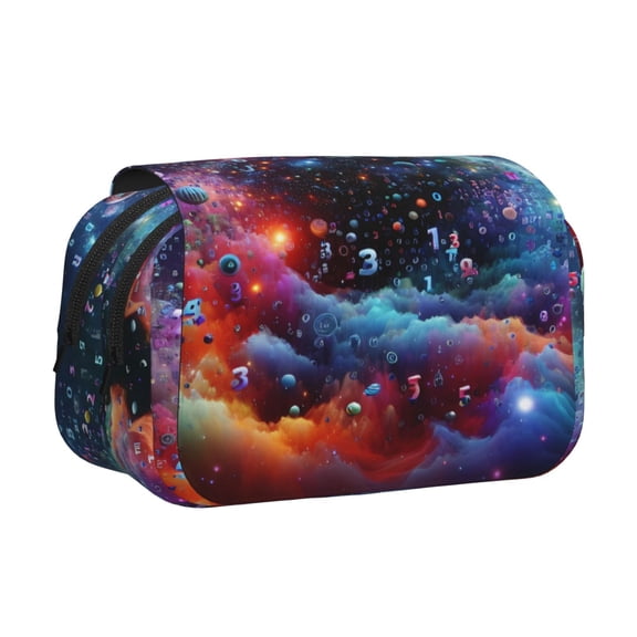 Rateoe Outer Space Floating Numbers And Letters Pattern Double Clamshell Pen Case, Storage Organizer with Two Zipper Compartments Holds Up to 50 Pencils & Pens