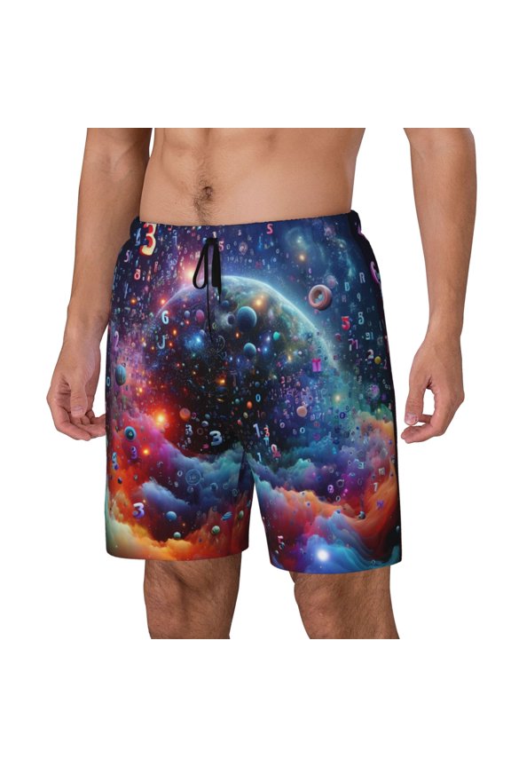 Outer Space Floating Numbers And Letters Pattern Men’s Swim Shorts with Compression Liner – Double-Layered Quick-Dry Swimwear, Comfortable & Stretchy Beach Shorts-XX-Large