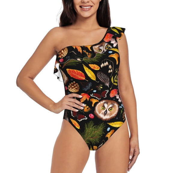 Rateoe Owl And Leaves Pattern Women One Piece Swimsuits Tummy Control One Shoulder Bathing Suits Ruffle Swimwear-Large