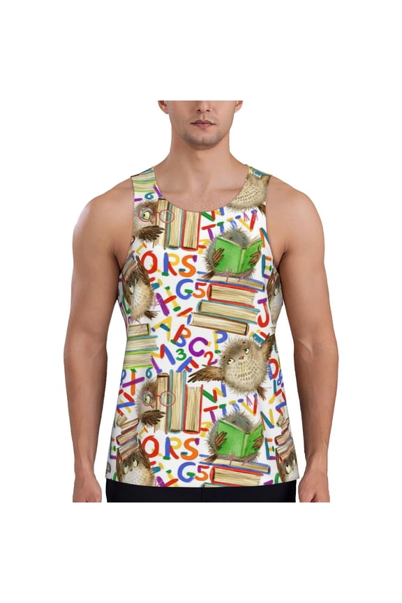 Owl Back To School Pattern Sleeveless Gym Shirt Muscle Tee Breathable Workout Shirt Slim-Fit Tank Quick Dry Fit Muscle Tank Top Bodybuilding Sleeveless T Shirt-Medium