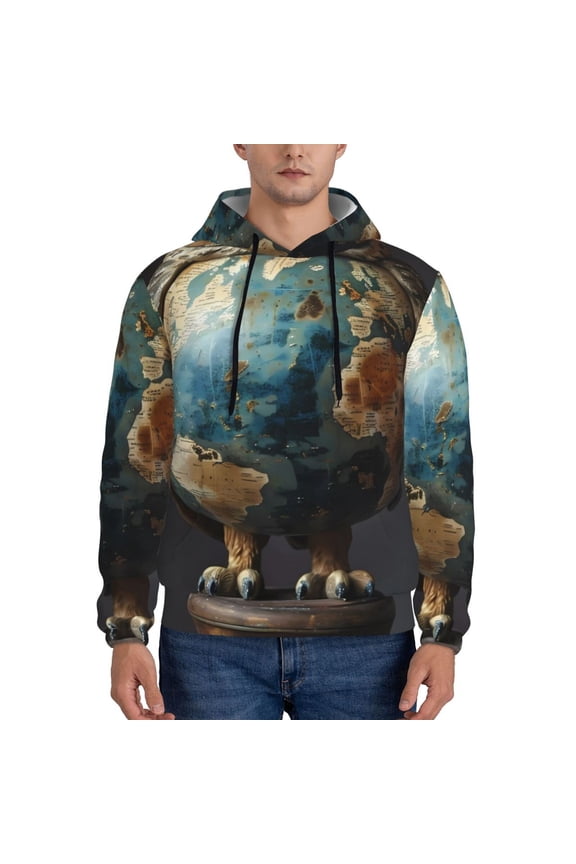 Owl Globe Sculpture Pattern Mens Hoodie, Pullover Hooded Sweatshirt, Kangaroo Pocket Hoodie Ideal for Daily Wear, Travel and Home-Large