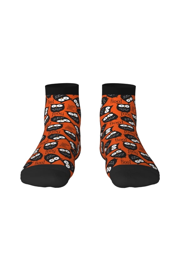 Owls And Boo Pattern Quarter Crew Socks,Toe Seamed Ankle Socks,Cotton Cushioned Breathable Athletic Crew Sports Socks