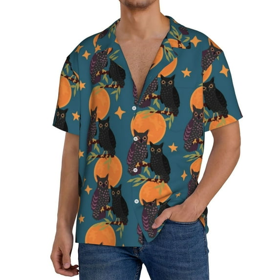 Rateoe Owls In Cartoon Style Print Mens Front Pocket Hawaiian Shirts Casual Shirts Short Sleeve Button Down Beach Tropical Shirts-4X-Large
