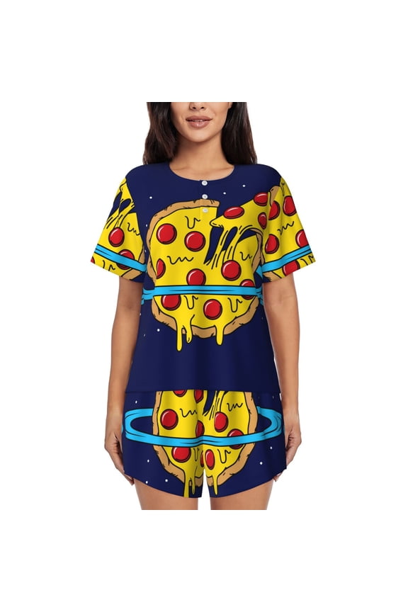 PLANETA EN FORMA DE PIZZA Pattern Women's Short-Sleeved Pajama Set - 2 Piece Soft and Lightweight Sleepwear Set-X-Large
