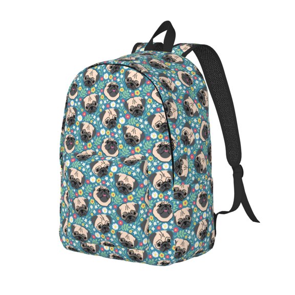 Rateoe PUG HEAD And Flower Pattern Durable Canvas Backpack for Men & Women – Stylish & Lightweight – Adjustable Straps, Multiple Pockets – Fits 15-17 Inch LaptopsSmall