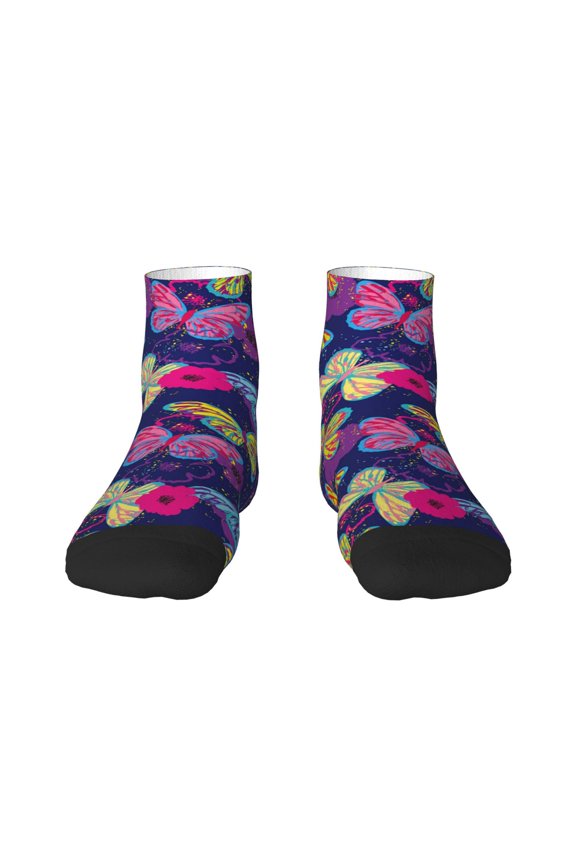 Paint Butterflies Pattern Quarter Crew Socks,Toe Seamed Ankle Socks,Cotton Cushioned Breathable Athletic Crew Sports Socks