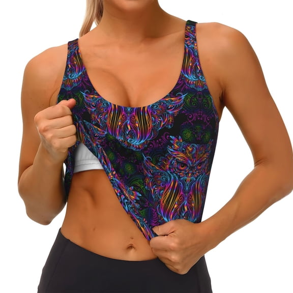 Rateoe Paisley And Owls Print Womens' Sports Bras Scoop Neck Sports Vest- Padded U Back Seamless High Impact Support