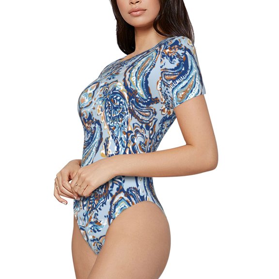Rateoe Paisley Floral Branches Printed Women Rash Guard Short Sleeve,Tummy control Swimsuit Surfing Swimsuit Bathing Suit Short-sleeved Onesie UPF 50 