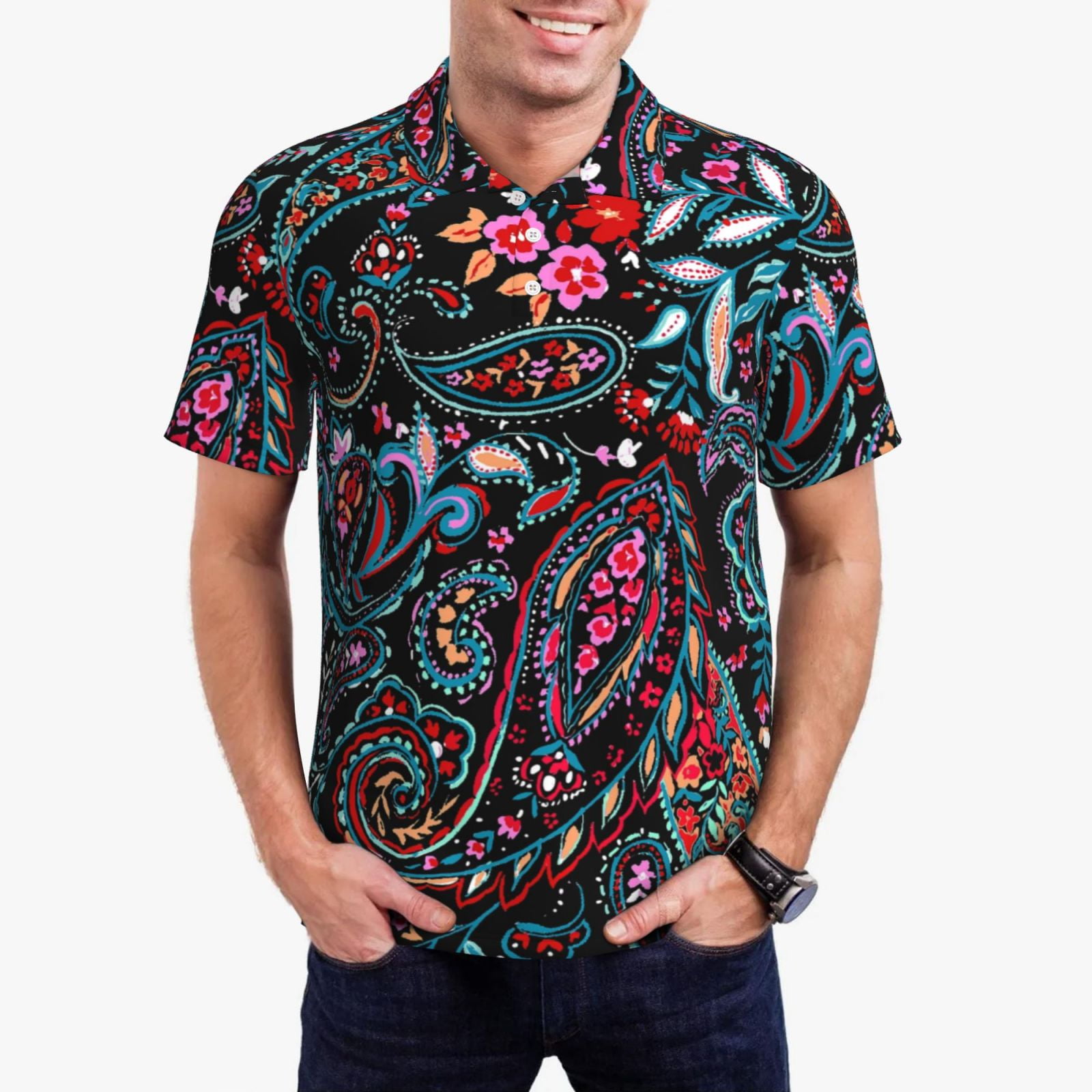 Rateoe Paisley Pattern Men's Short Sleeve Polo Shirts, Golf Polo