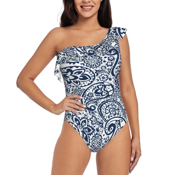 Rateoe Paisley4 Pattern Women One Piece Swimsuits Tummy Control One Shoulder Bathing Suits Ruffle Swimwear-Medium