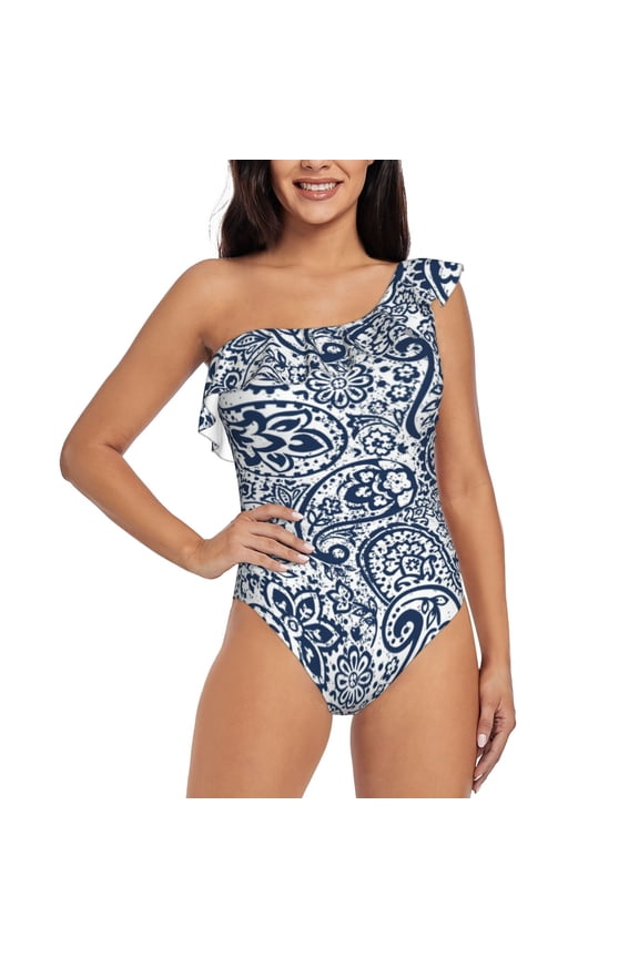 Paisley4 Pattern Women One Piece Swimsuits Tummy Control One Shoulder Bathing Suits Ruffle Swimwear-XX-Large