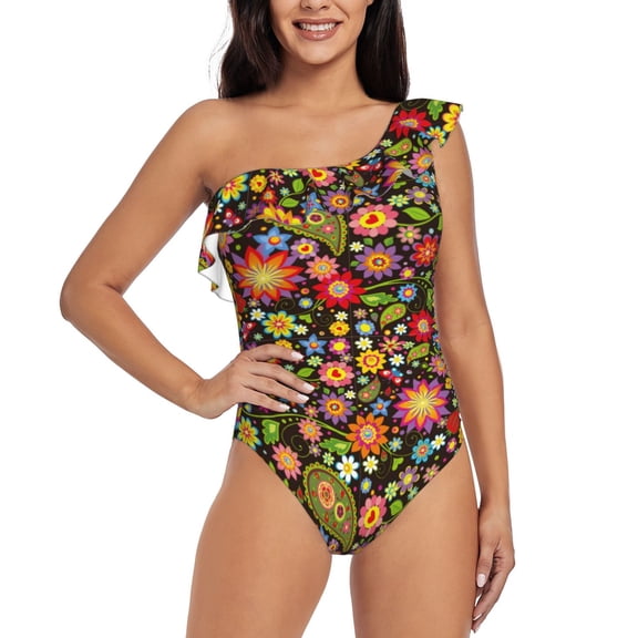Rateoe Paisley7 Pattern Women One Piece Swimsuits Tummy Control One Shoulder Bathing Suits Ruffle Swimwear-XX-Large
