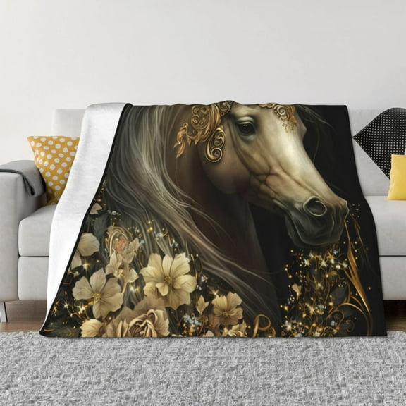 Rateoe Palatial Gold Pattern Horse Pattern Flannel Throw Blanket, Ultra-soft Blanket for Bed, Couch, Car, Hypoallergenic Anti-pilling blanket-60"x50"(Horizontal)