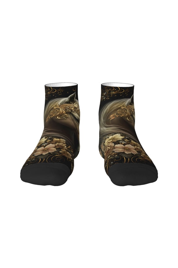 Palatial Gold Pattern Horse Pattern Quarter Crew Socks,Toe Seamed Ankle Socks,Cotton Cushioned Breathable Athletic Crew Sports Socks