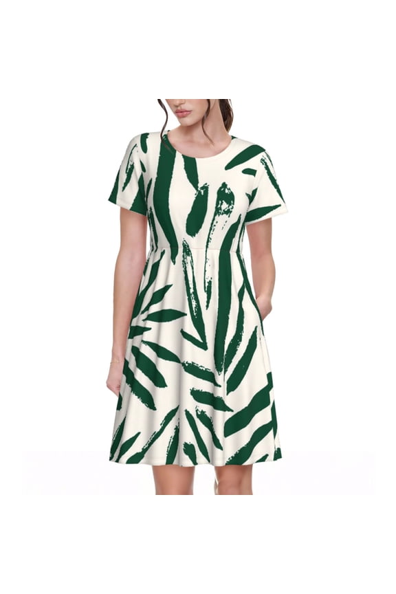 Palm Branch With Leaves Pattern Women’s Short Sleeve Dress – Casual Elegant Summer A-Line Dress for Everyday Wear