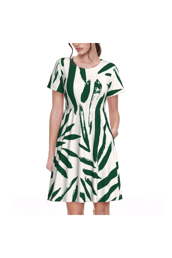 Palm Branch With Leaves Pattern Women’s Short Sleeve Dress – Casual Elegant Summer A-Line Dress for Everyday Wear