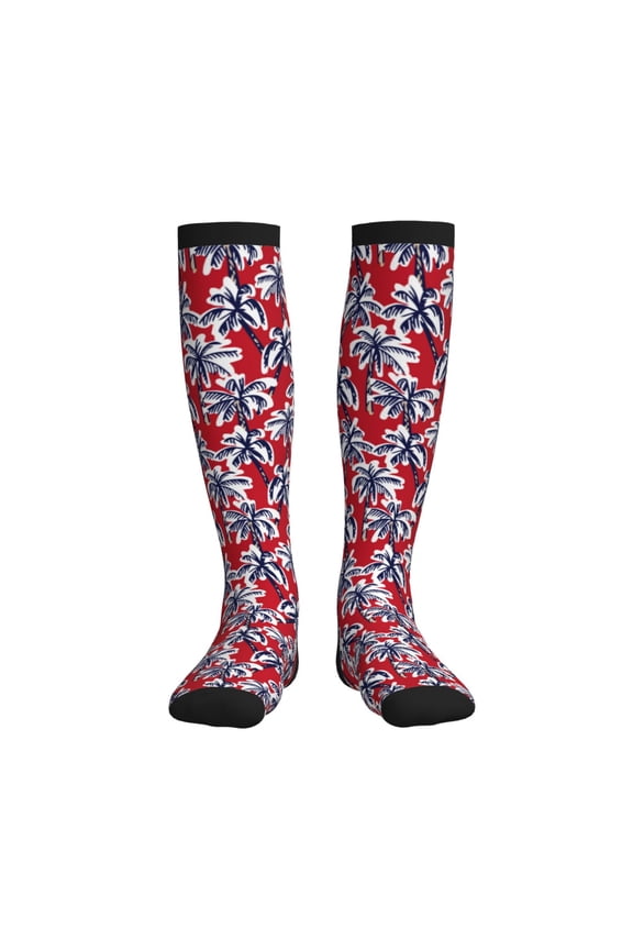 Palm Tree Pattern on Red Compression Socks for Women and Men 20-30mmHg-Circulation Support Socks Knee High Nurse Pregnant Running Medical and Travel Athletic