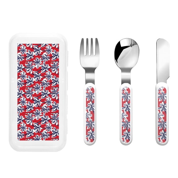 Rateoe Palm Tree Pattern on Red for Stainless Steel Kids Silverware Set - Child and Toddler Safe Flatware - Children's Knife, Fork And Spoon Set