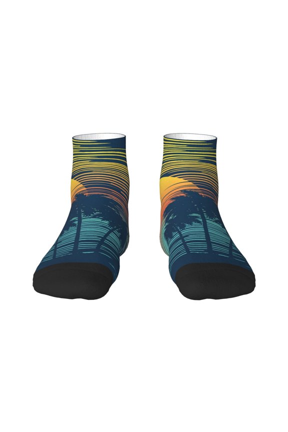 Palm Trees Pattern Quarter Crew Socks,Toe Seamed Ankle Socks,Cotton Cushioned Breathable Athletic Crew Sports Socks