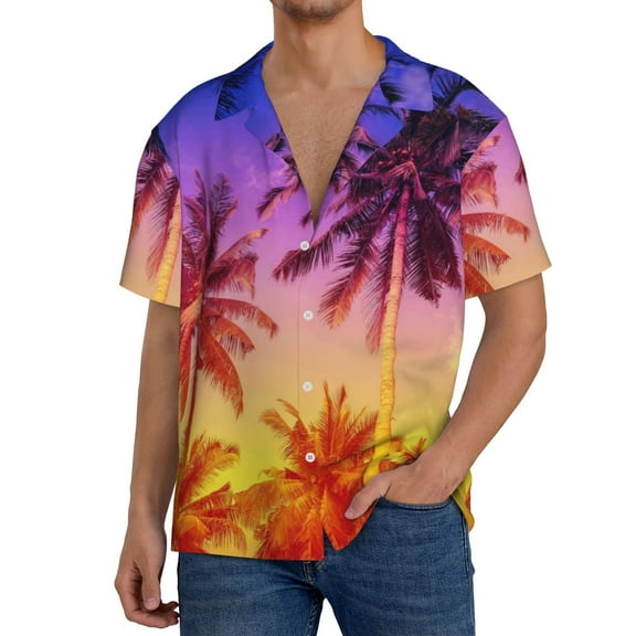 Rateoe Palm Trees at Sunset Pattern Men's Short Sleeve Classic Shirt, Casual Short-Sleeved Shirt, Lightweight Summer Shirt, Cuban Collar Shirt,Button-Front Shirt-Large