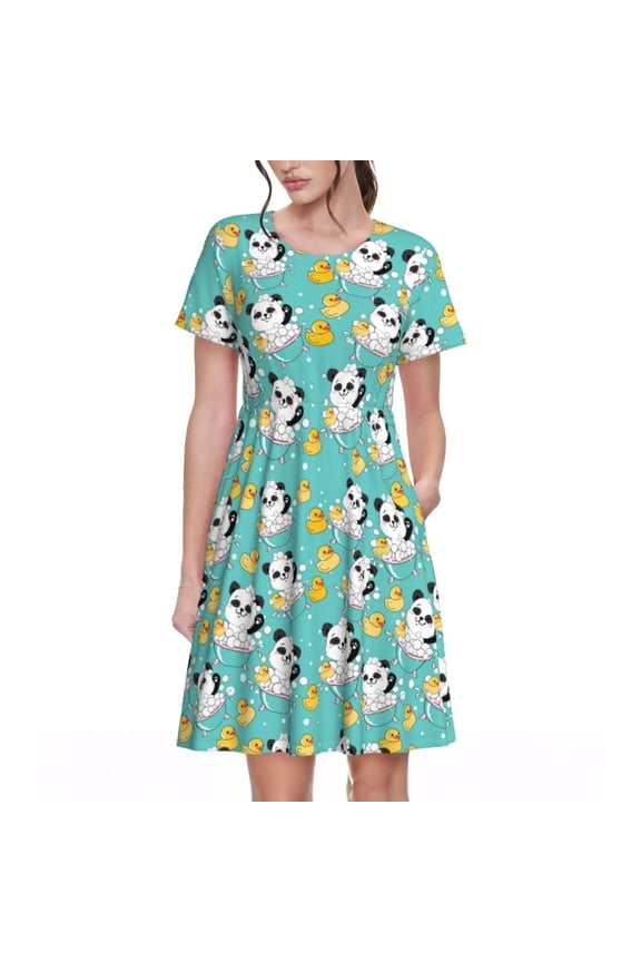 Panda Bathing In The Bath Pattern Women’s Short Sleeve Dress – Casual Elegant Summer A-Line Dress for Everyday Wear