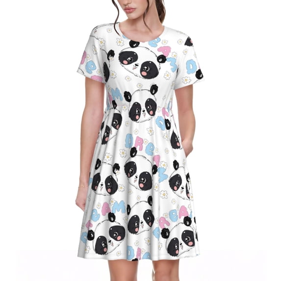 Rateoe Panda Bear1 Pattern Women’s Short Sleeve Dress – Casual Elegant Summer A-Line Dress for Everyday Wear