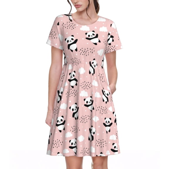Rateoe Panda Flying in the Sky (2) Pattern Women’s Short Sleeve Dress – Casual Elegant Summer A-Line Dress for Everyday Wear