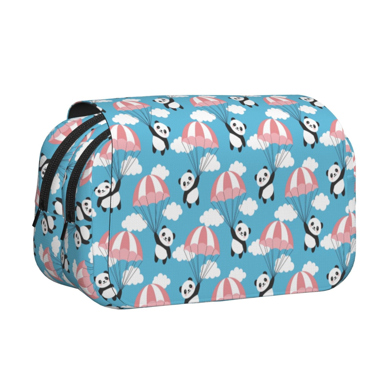 Rateoe Panda Flying in the Sky Pattern Double Clamshell Pen Case, Storage Organizer with Two Zipper Compartments– Holds Up to 50 Pencils & Pens