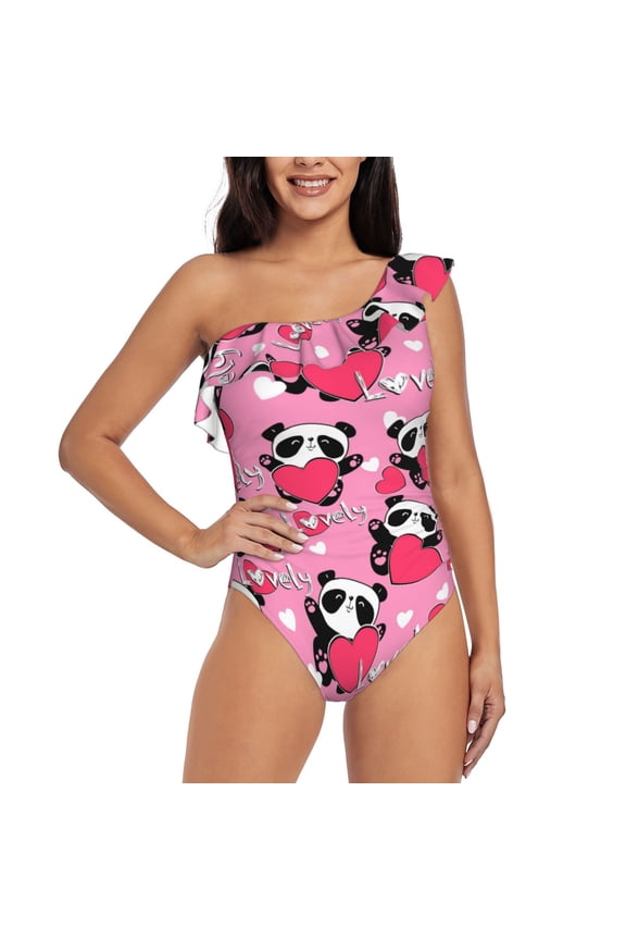 Panda Heart Valentine Pink Pattern Women One Piece Swimsuits Tummy Control One Shoulder Bathing Suits Ruffle Swimwear-Small