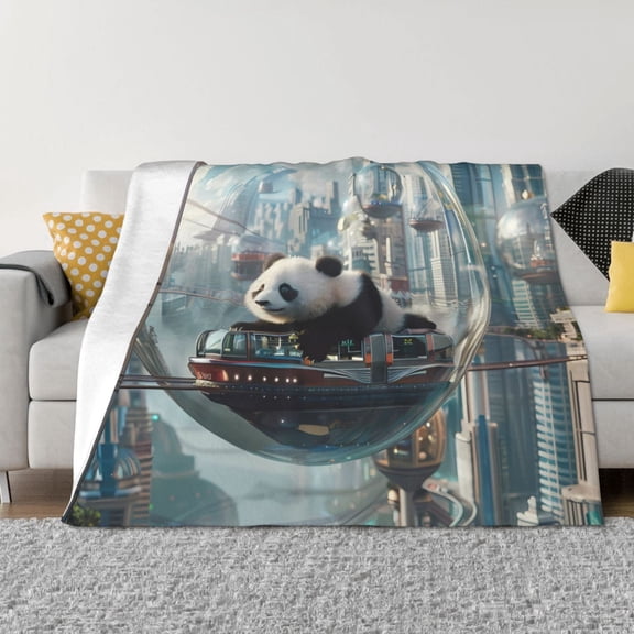Rateoe Panda In Futuristic City Pattern Flannel Throw Blanket, Ultra-soft Blanket for Bed, Couch, Car, Hypoallergenic Anti-pilling blanket-