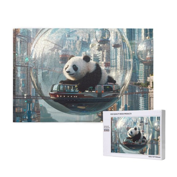 Rateoe Panda In Futuristic City Pattern Wooden Picture Puzzle ,1000 Piece Jigsaw Puzzle ,Family Fun Puzzle, Home Décor Puzzle, Gift Puzzle(Horizontal style)