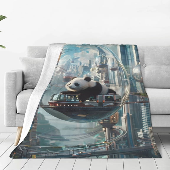 Rateoe Panda In Futuristic City Print Fuzzy Fleece Throw Blanket Extra Large,Super Soft,Fluffy and Warm Blankets for Couch,Bed,All Season Use (50"x40")
