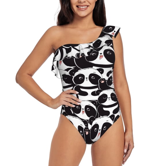 Rateoe Panda Pattern Women One Piece Swimsuits Tummy Control One Shoulder Bathing Suits Ruffle Swimwear-