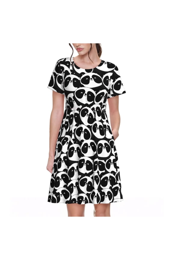 Panda1 Pattern Women’s Short Sleeve Dress – Casual Elegant Summer A-Line Dress for Everyday Wear