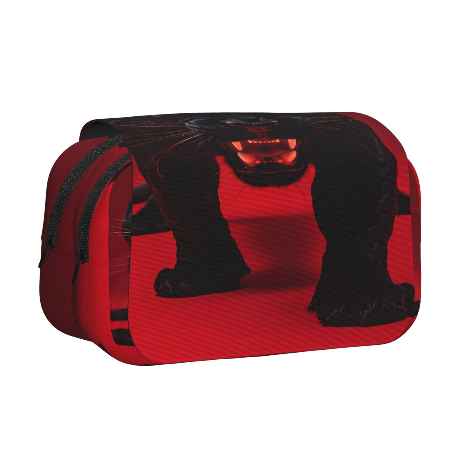 Rateoe Panther Red Background Pattern Double Clamshell Pen Case, Storage Organizer with Two Zipper Compartments– Holds Up to 50 Pencils & Pens