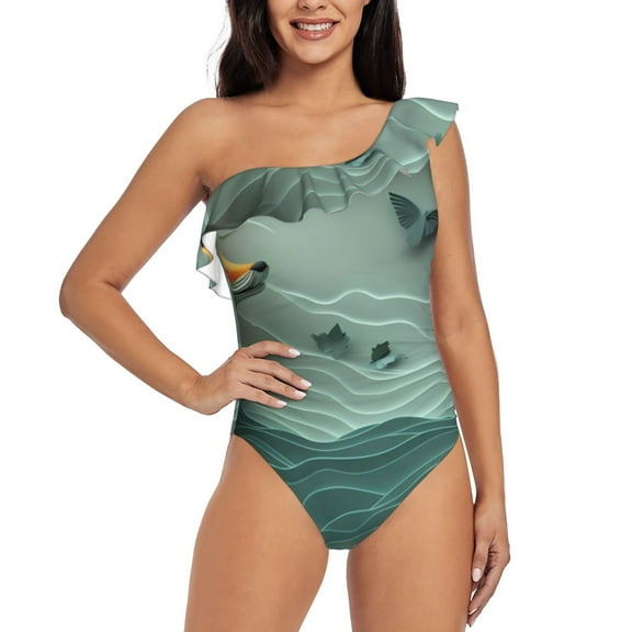 Rateoe Paper Fox Crow Fantasy Pattern Women One Piece Swimsuits Tummy Control One Shoulder Bathing Suits Ruffle Swimwear-XX-Large