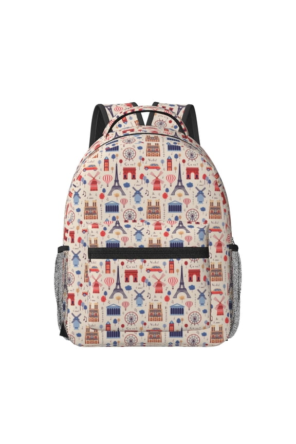 Paris Pattern Durable Student Backpack Laptop Bag- Ergonomic Design, Waterproof Twill Fabric - Ideal for School, Travel, and Outdoor Activities