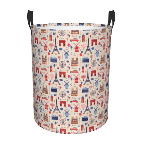 Rateoe Paris Pattern Round Laundry Hamper Basket, Tall Hamper Basket for Blanket Storage, Nursery Clothes Hamper for Laundry in Bedroom and College Dorm-Medium
