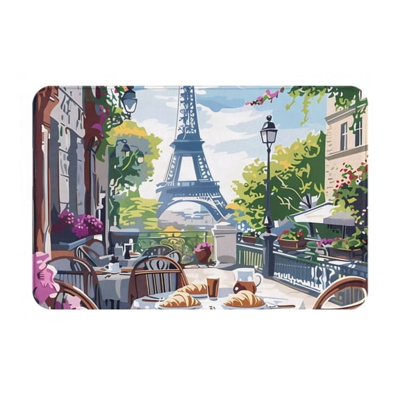Rateoe Parisian Cafe With Eiffel Pattern Flannel Door Mat Indoor Outdoor Entrance, Waterproof All-Weather Doormat,Fade Resistant, Low Profile Entryway Mat 16x24in