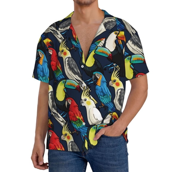 Rateoe Parrot Print Mens Front Pocket Hawaiian Shirts Casual Shirts Short Sleeve Button Down Beach Tropical Shirts-Large