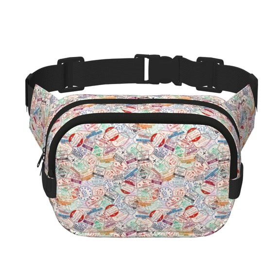 Rateoe Passport Stamp Print Fanny Pack Belt Bag for Women and Men, Square Double-Layer Waterproof Waist Pack with Adjustable Strap for Hiking, Jogging, Cycling