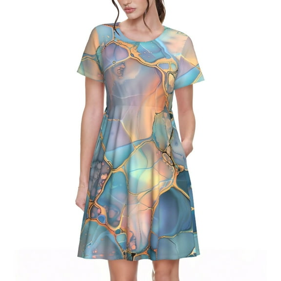 Rateoe Pastel Abstract Fluid Art Pattern Women’s Short Sleeve Dress – Casual Elegant Summer A-Line Dress for Everyday Wear