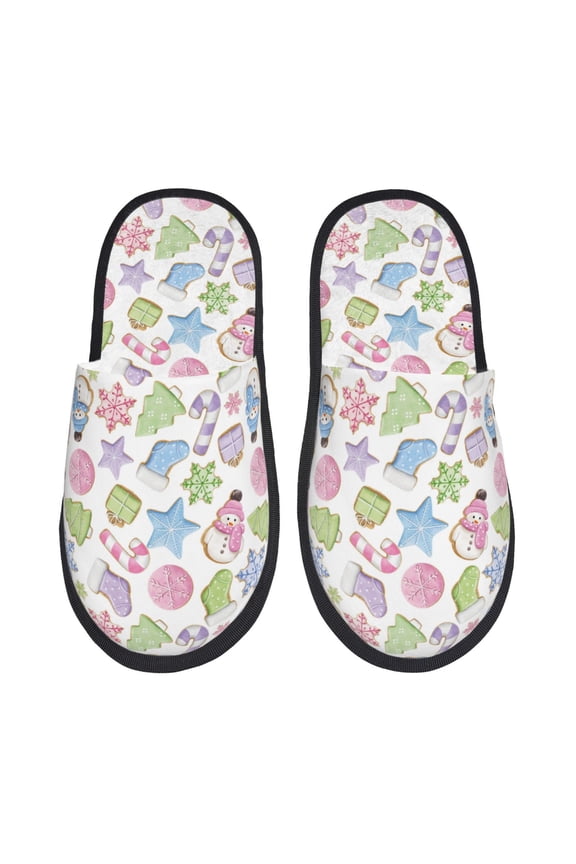 Pastel Christmas Cookies Pattern Fuzzy Slippers Fuzzy Soft House Slippers Plush Furry Warm Cozy Open Toe Fluffy Home Shoes-Large