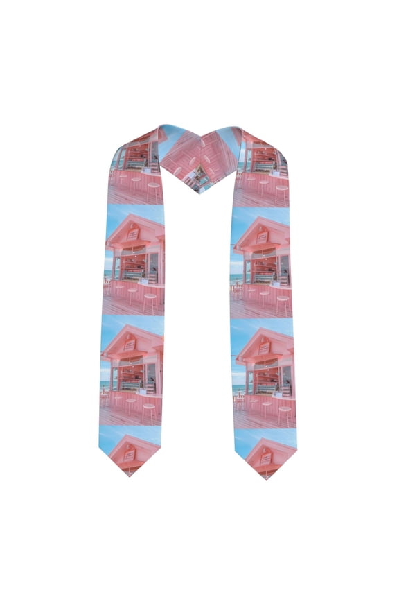 Pastel Pink Beach Cafe Pattern Graduation Shawl Stole – Elegant Stole for Graduates ,Graduation Gown Accessory, Academic Stole-Sharp Corner