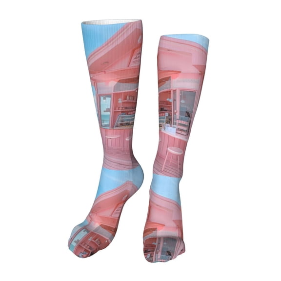 Rateoe Pastel Pink Beach Cafe print Women's Men's Novelty 20in Crew Socks Cotton Socks Knee High Socks for Walking,Running,Nurses,Pregnancy-One Size