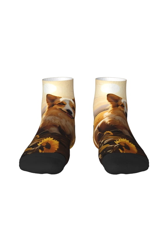 Pastoral Sunflower Corgi Pattern Quarter Crew Socks,Toe Seamed Ankle Socks,Cotton Cushioned Breathable Athletic Crew Sports Socks