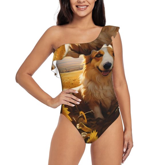 Rateoe Pastoral Sunflower Corgi Pattern Women One Piece Swimsuits Tummy Control One Shoulder Bathing Suits Ruffle Swimwear-